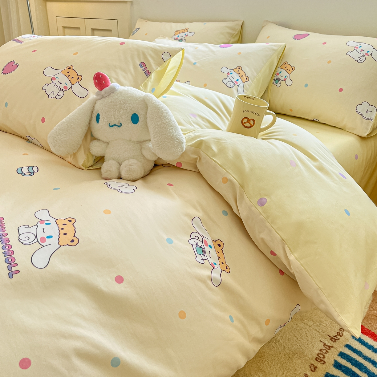 91家纺网 家纺一手货源 找家纺 博雅 2026新款三丽鸥全棉纯棉小版印花四件套 小版-爱心点点玉桂狗