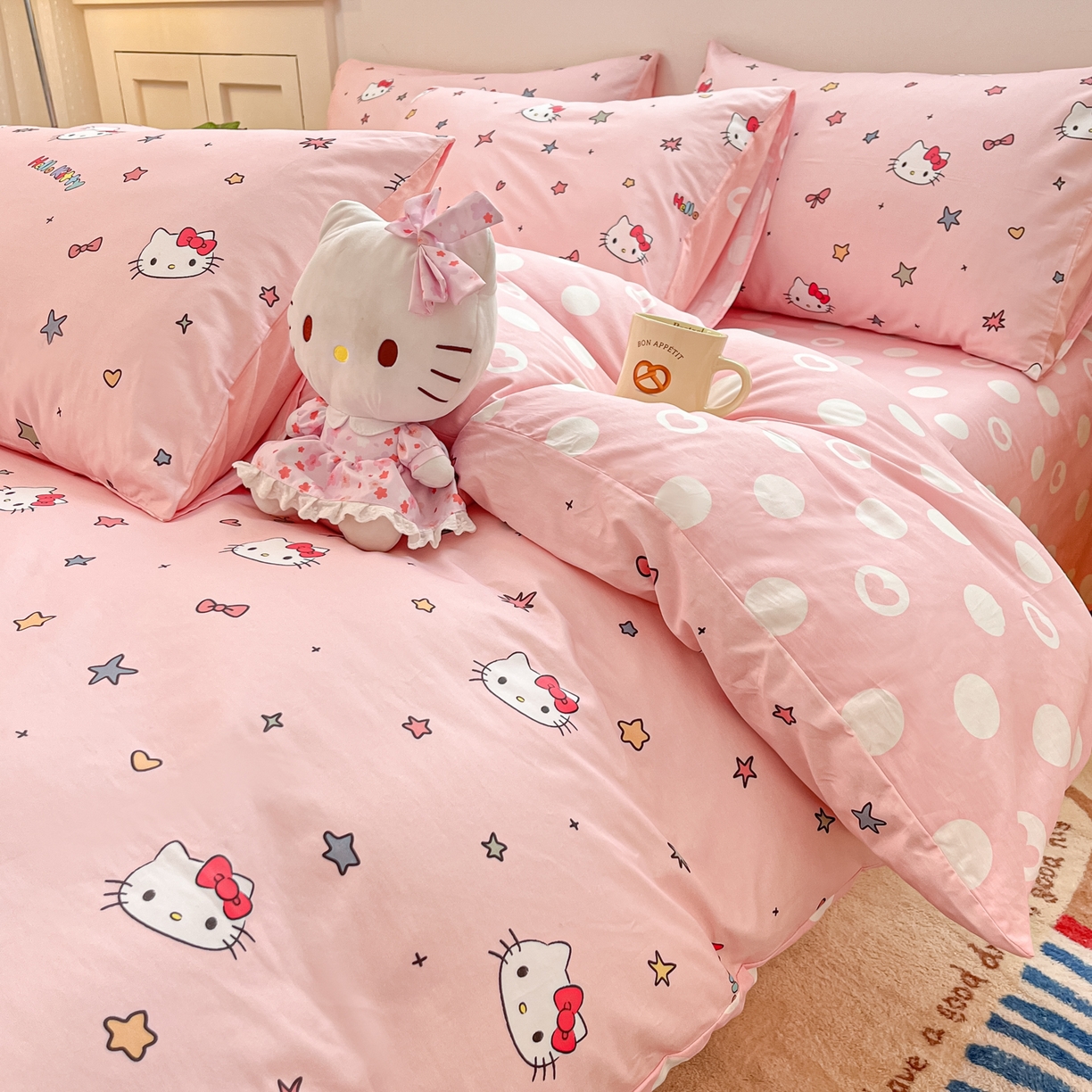 91家纺网 家纺一手货源 找家纺 博雅 2026新款三丽鸥全棉纯棉小版印花四件套 小版-彩色星星KT