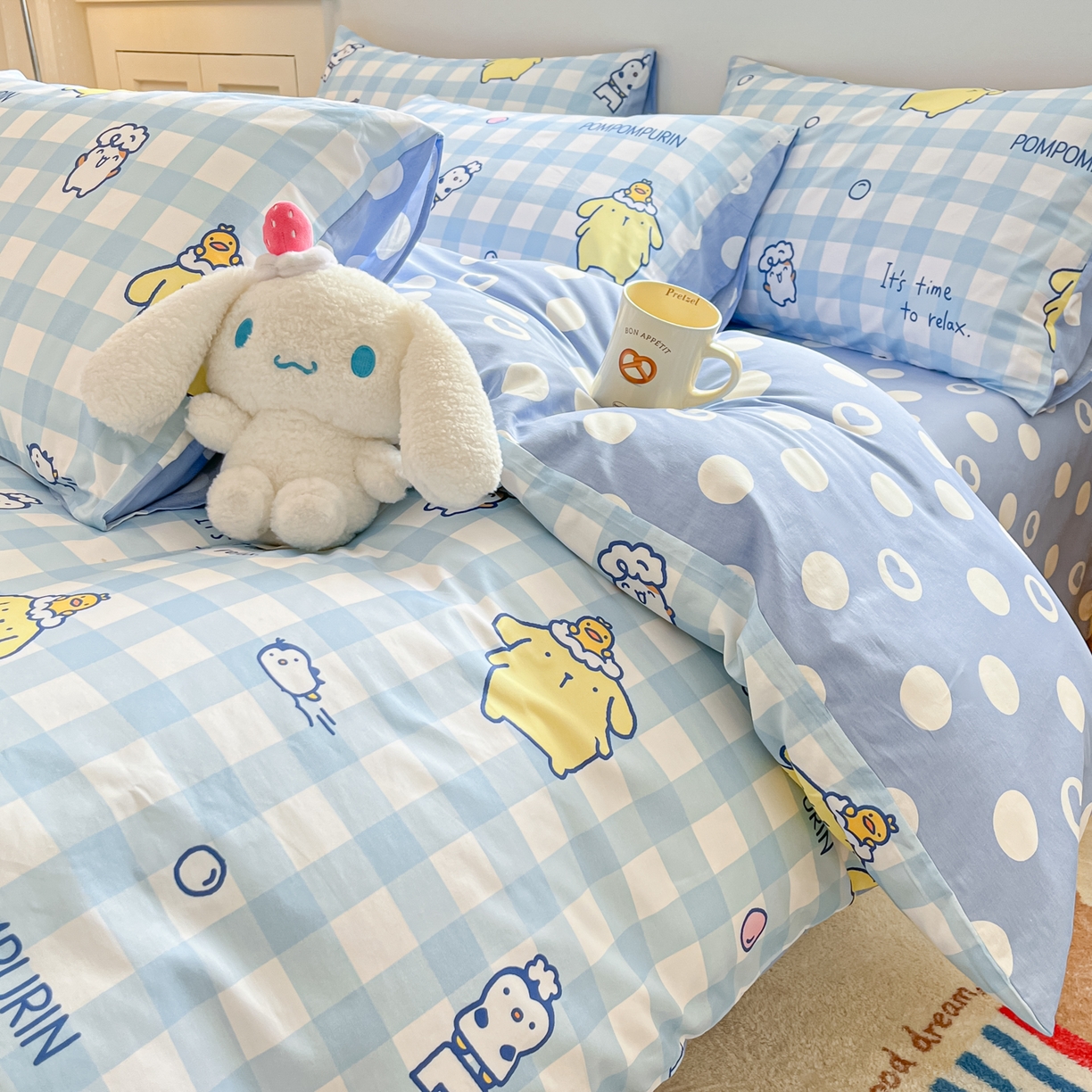 91家纺网 家纺一手货源 找家纺 博雅 2026新款三丽鸥全棉纯棉小版印花四件套 小版-蓝格布丁狗