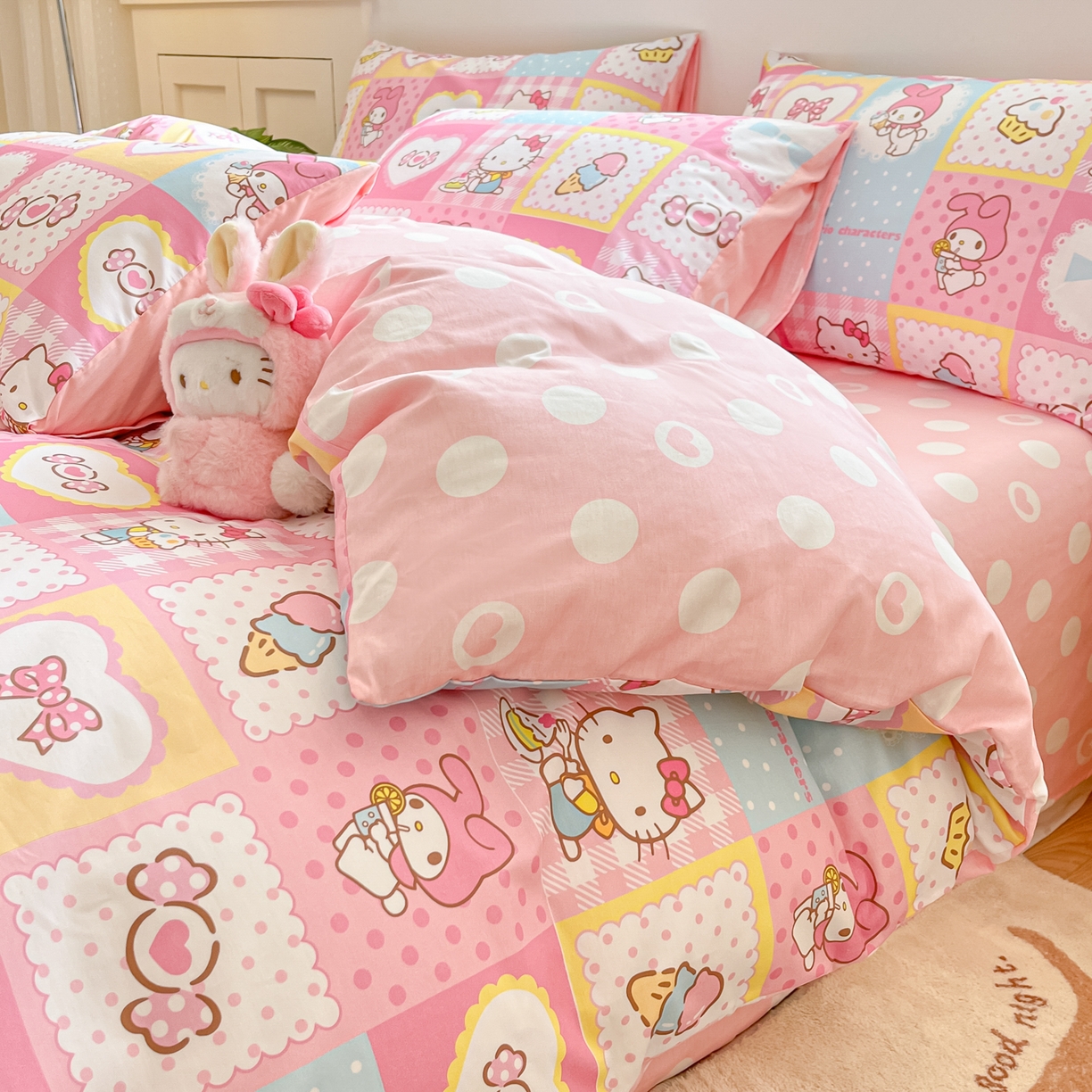 91家纺网 家纺一手货源 找家纺 博雅 2026新款三丽鸥全棉纯棉小版印花四件套 小版-甜品格美乐蒂KT