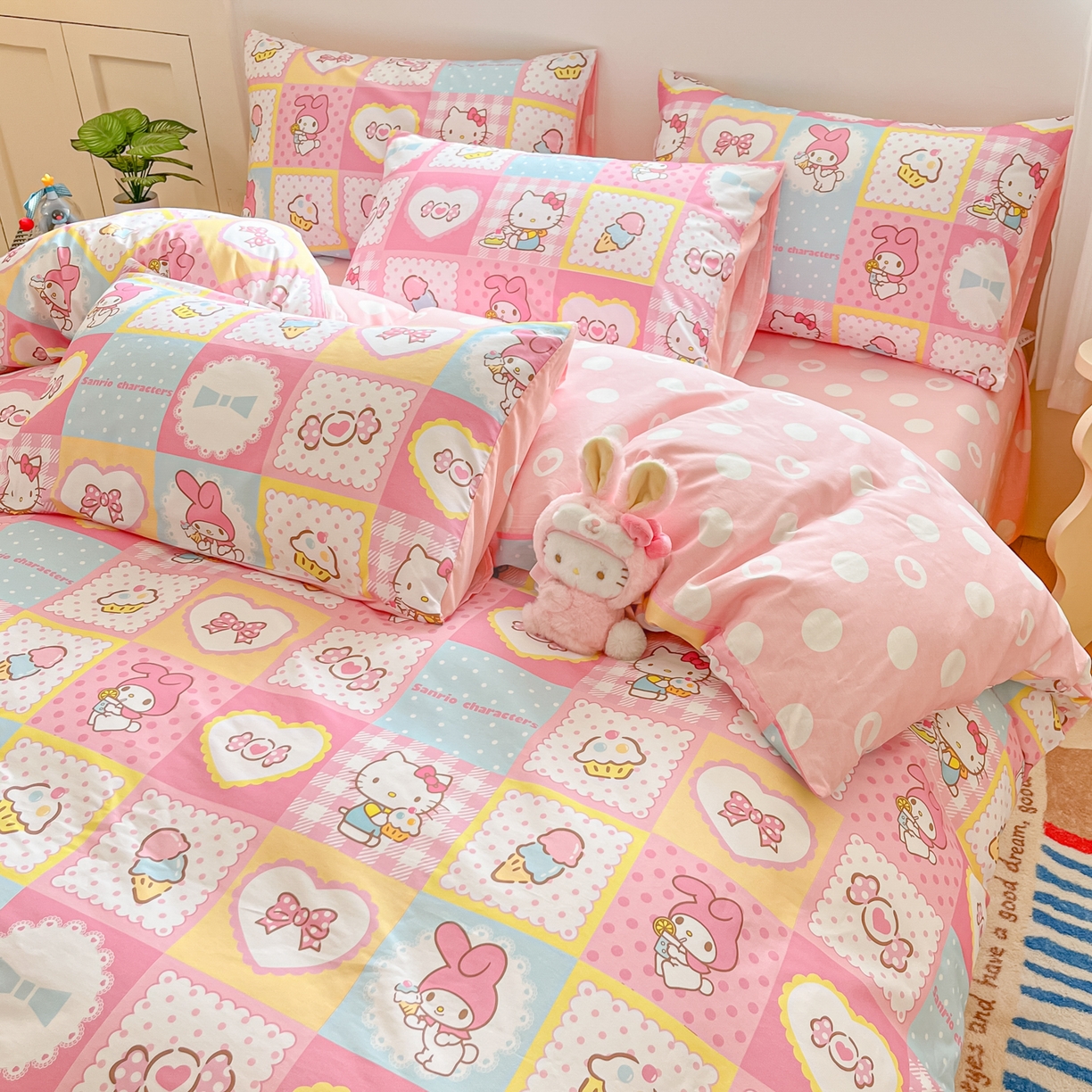 91家纺网 家纺一手货源 找家纺 博雅 2026新款三丽鸥全棉纯棉小版印花四件套 小版-甜品格美乐蒂KT