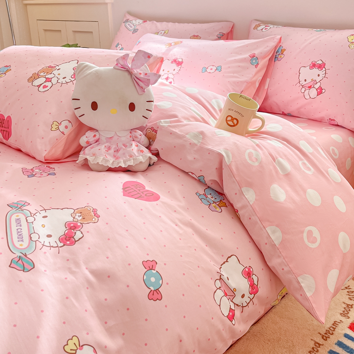 91家纺网 家纺一手货源 找家纺 博雅 2026新款三丽鸥全棉纯棉小版印花四件套 小版-小熊糖果KT