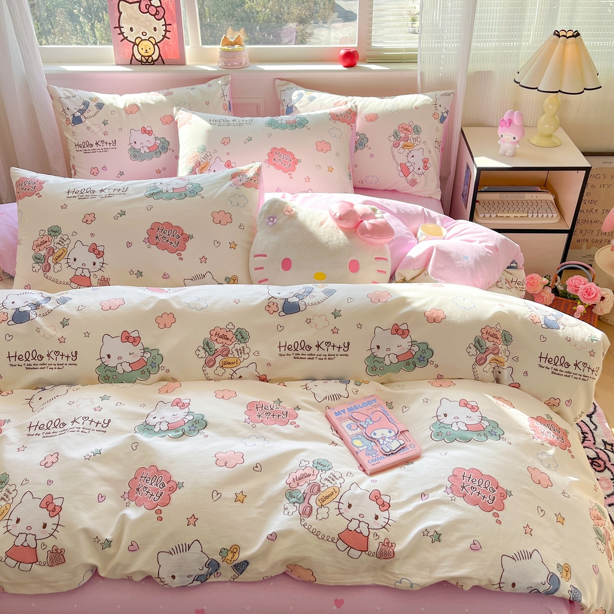 91家纺网 家纺一手货源 找家纺 博雅 2026新款三丽鸥全棉纯棉小版印花四件套 幸福kt