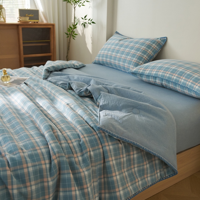 91家纺网 家纺一手货源 找家纺 暖阳 2026新款无印风色织全棉贝壳绣棉花夏被夏凉被空调被 贝壳海军格蓝