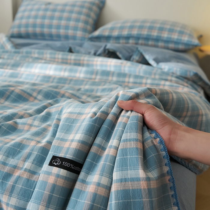 91家纺网 家纺一手货源 找家纺 暖阳 2026新款无印风色织全棉贝壳绣棉花夏被夏凉被空调被 贝壳海军格蓝