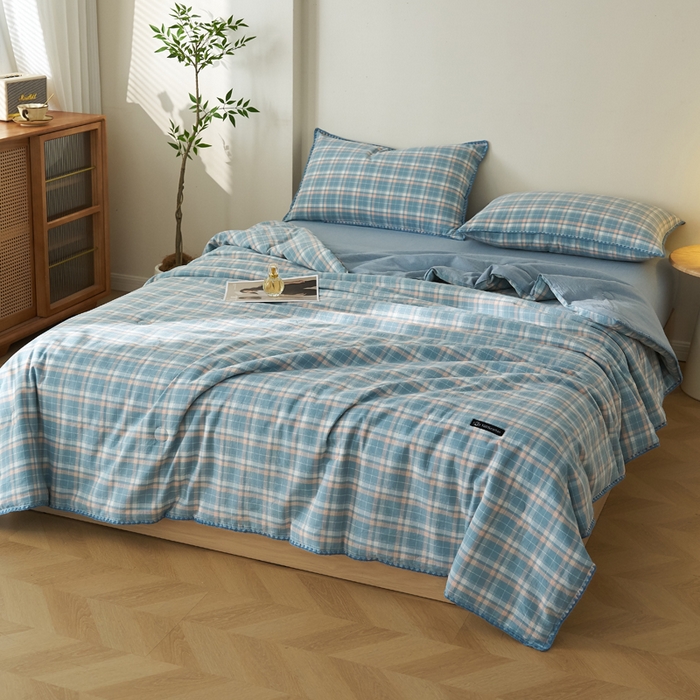 91家纺网 家纺一手货源 找家纺 暖阳 2026新款无印风色织全棉贝壳绣棉花夏被夏凉被空调被 贝壳海军格蓝