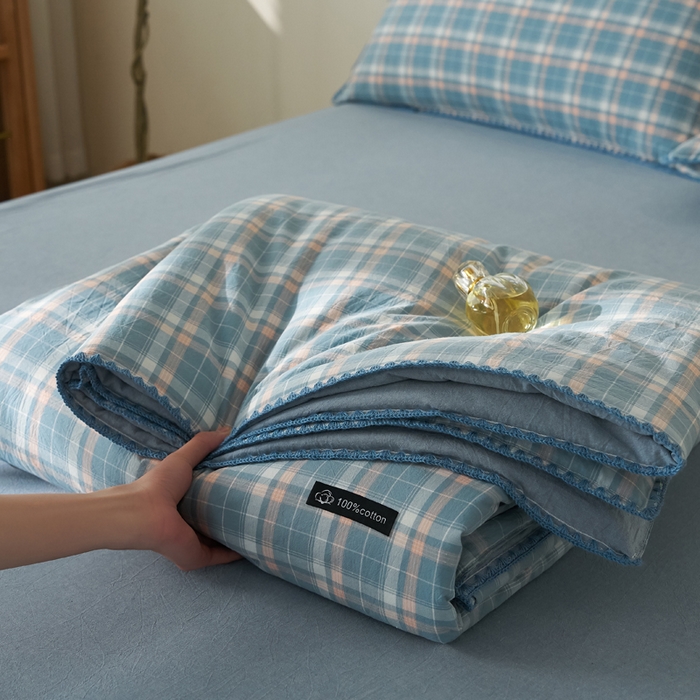 91家纺网 家纺一手货源 找家纺 暖阳 2026新款无印风色织全棉贝壳绣棉花夏被夏凉被空调被 贝壳海军格蓝