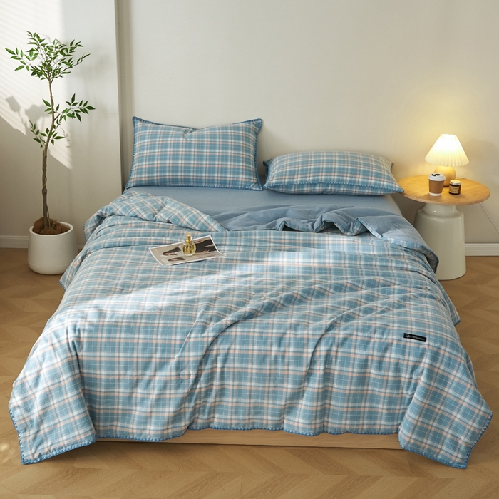 91家纺网 家纺一手货源 找家纺 暖阳 2026新款无印风色织全棉贝壳绣棉花夏被夏凉被空调被 贝壳海军格蓝