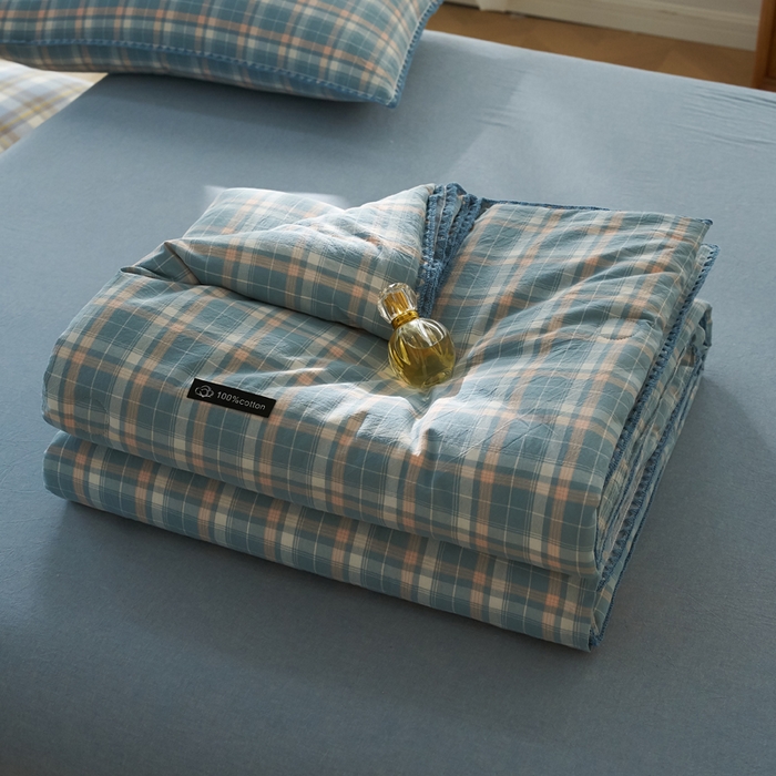 91家纺网 家纺一手货源 找家纺 暖阳 2026新款无印风色织全棉贝壳绣棉花夏被夏凉被空调被 贝壳海军格蓝