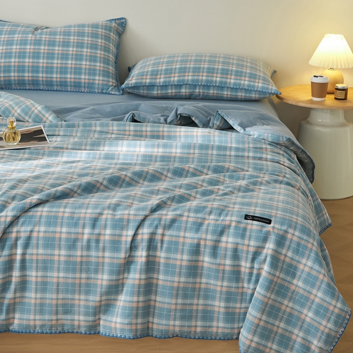 91家纺网 家纺一手货源 找家纺 暖阳 2026新款无印风色织全棉贝壳绣棉花夏被夏凉被空调被 贝壳海军格蓝