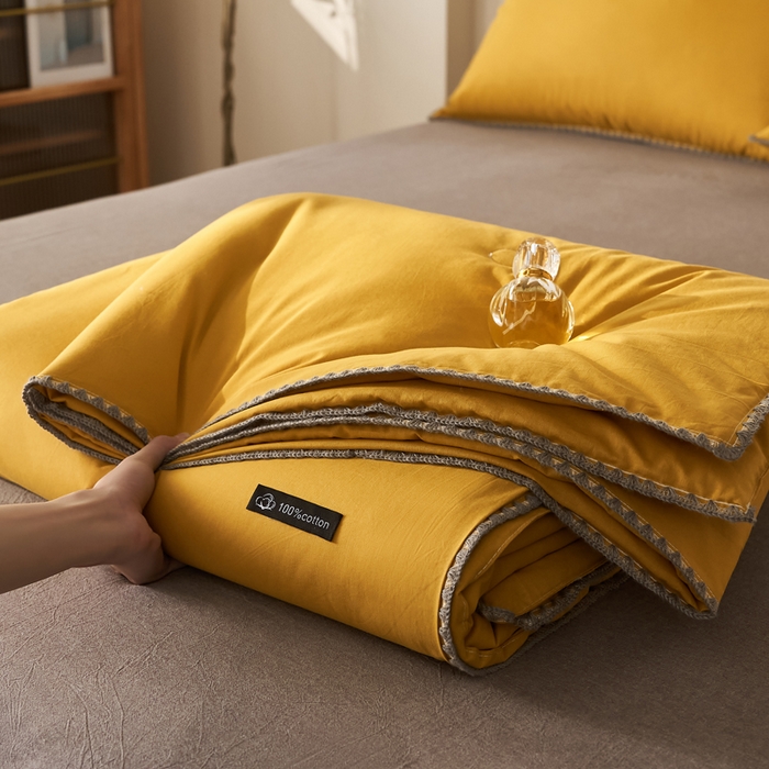 91家纺网 家纺一手货源 找家纺 暖阳 2026新款无印风色织全棉贝壳绣棉花夏被夏凉被空调被 贝壳黄