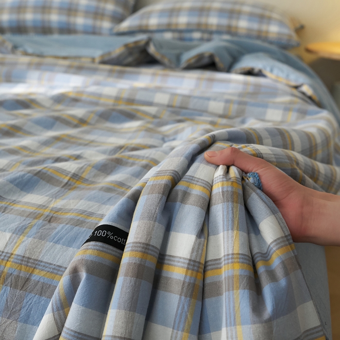 91家纺网 家纺一手货源 找家纺 暖阳 2026新款无印风色织全棉贝壳绣棉花夏被夏凉被空调被 贝壳简蓝格