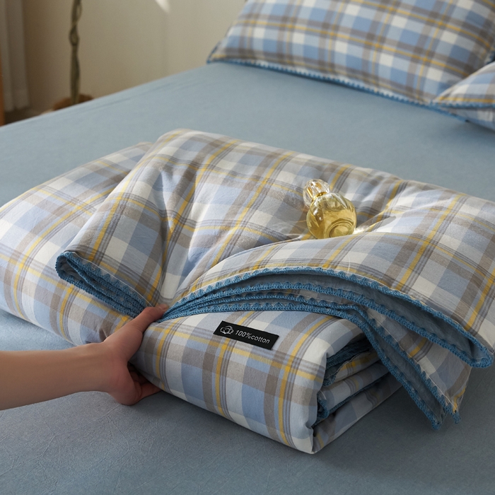 91家纺网 家纺一手货源 找家纺 暖阳 2026新款无印风色织全棉贝壳绣棉花夏被夏凉被空调被 贝壳简蓝格