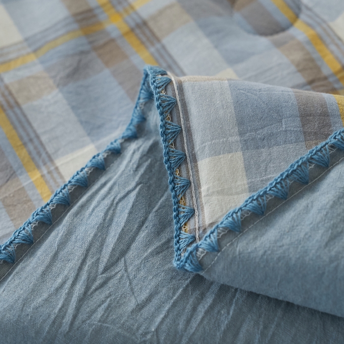 91家纺网 家纺一手货源 找家纺 暖阳 2026新款无印风色织全棉贝壳绣棉花夏被夏凉被空调被 贝壳简蓝格