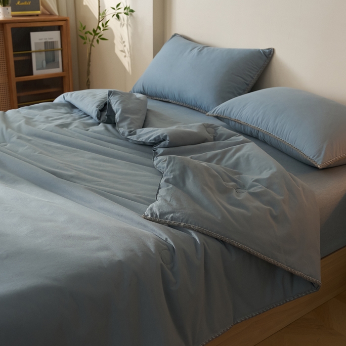 91家纺网 家纺一手货源 找家纺 暖阳 2026新款无印风色织全棉贝壳绣棉花夏被夏凉被空调被 贝壳蓝