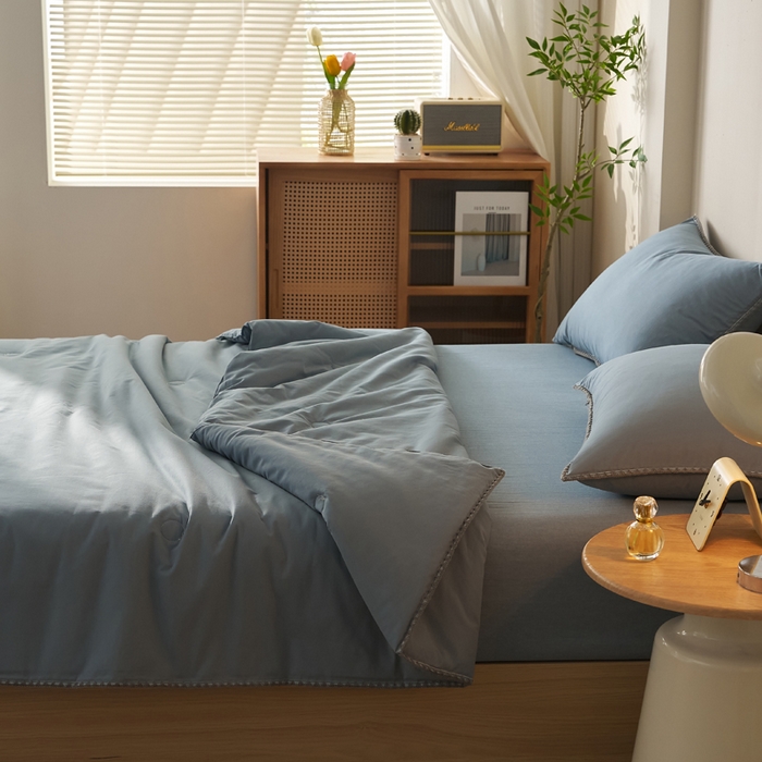 91家纺网 家纺一手货源 找家纺 暖阳 2026新款无印风色织全棉贝壳绣棉花夏被夏凉被空调被 贝壳蓝