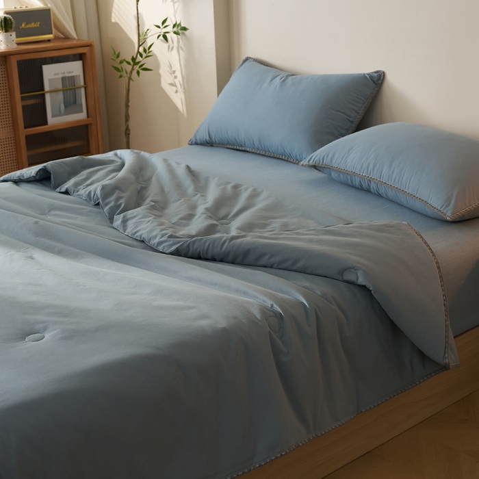 91家纺网 家纺一手货源 找家纺 暖阳 2026新款无印风色织全棉贝壳绣棉花夏被夏凉被空调被 贝壳蓝