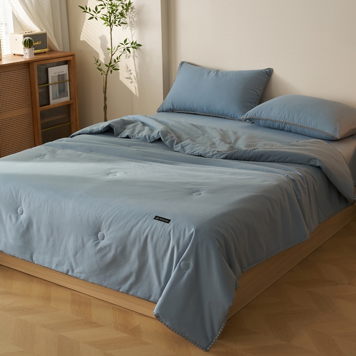 91家纺网 家纺一手货源 找家纺 暖阳 2026新款无印风色织全棉贝壳绣棉花夏被夏凉被空调被 贝壳蓝