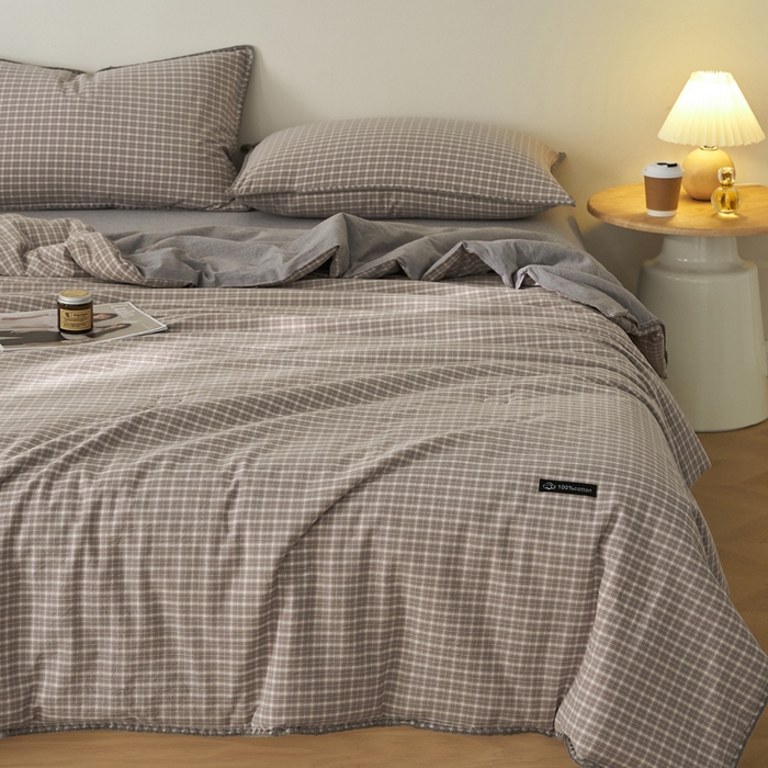 91家纺网 家纺一手货源 找家纺 暖阳 2026新款无印风色织全棉贝壳绣棉花夏被夏凉被空调被 贝壳诺咖小格