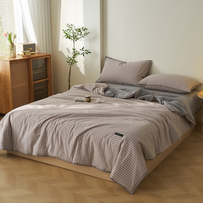 91家纺网 家纺一手货源 找家纺 暖阳 2026新款无印风色织全棉贝壳绣棉花夏被夏凉被空调被 贝壳诺咖小格