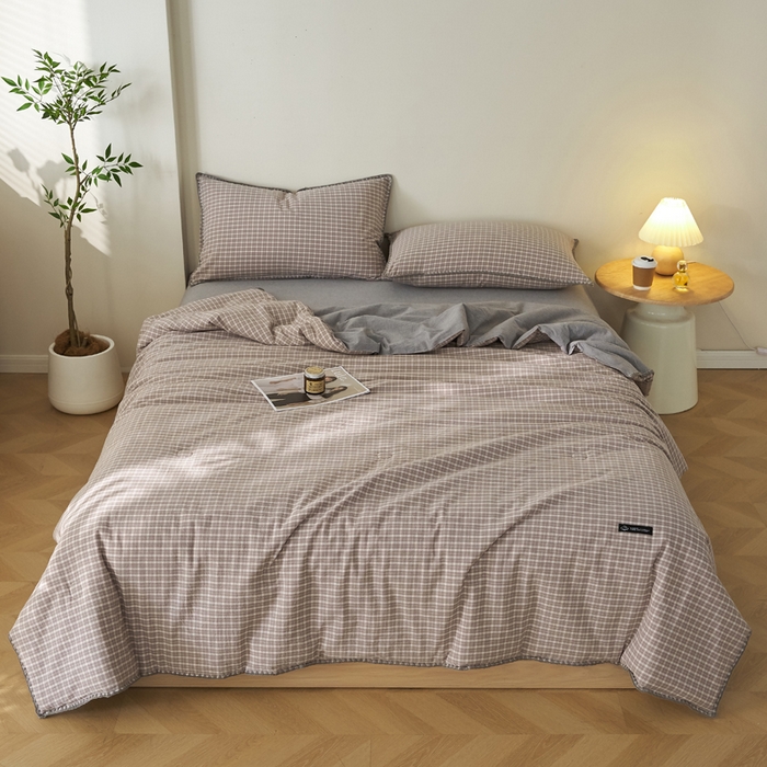 91家纺网 家纺一手货源 找家纺 暖阳 2026新款无印风色织全棉贝壳绣棉花夏被夏凉被空调被 贝壳诺咖小格