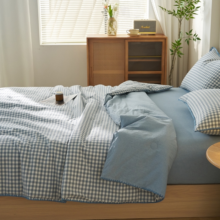 91家纺网 家纺一手货源 找家纺 暖阳 2026新款无印风色织全棉贝壳绣棉花夏被夏凉被空调被 贝壳青年格蓝