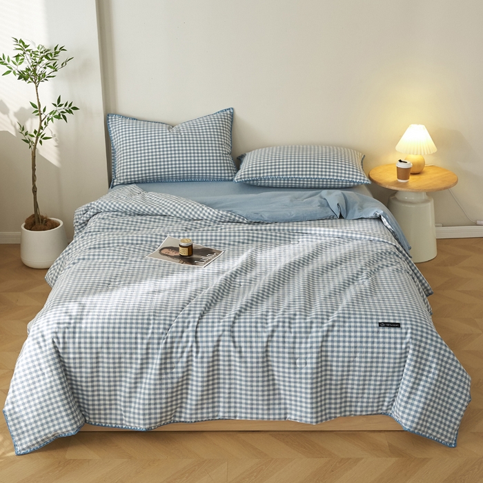 91家纺网 家纺一手货源 找家纺 暖阳 2026新款无印风色织全棉贝壳绣棉花夏被夏凉被空调被 贝壳青年格蓝