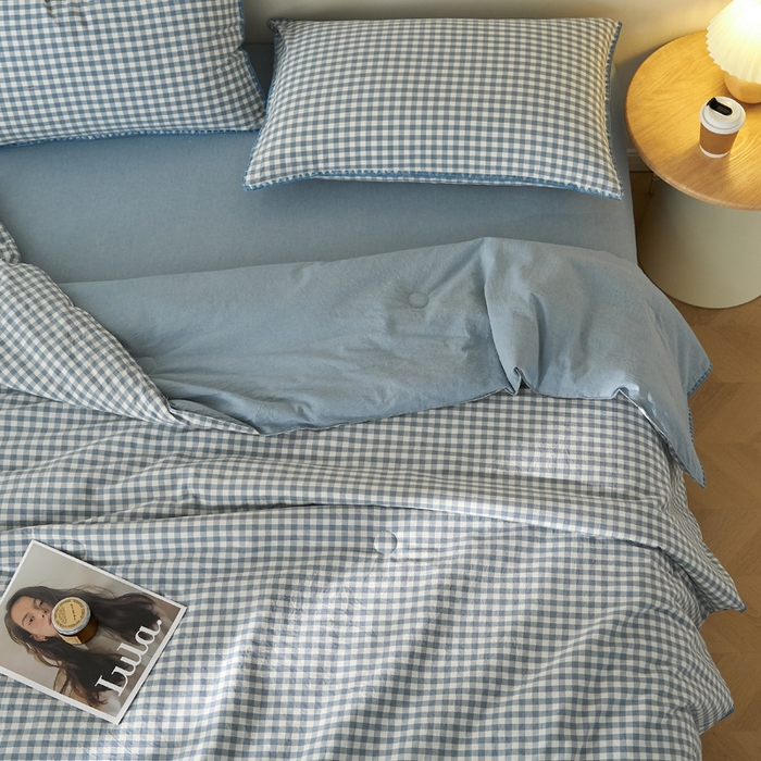 91家纺网 家纺一手货源 找家纺 暖阳 2026新款无印风色织全棉贝壳绣棉花夏被夏凉被空调被 贝壳青年格蓝