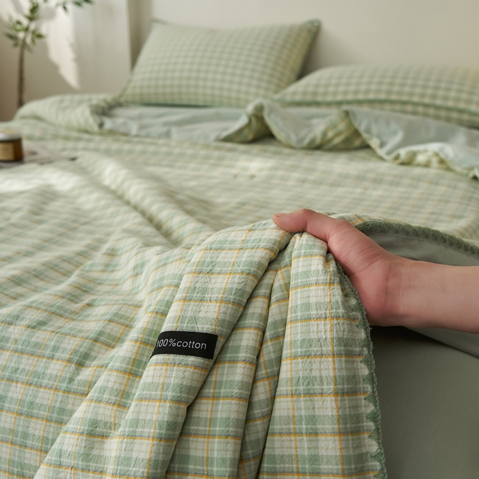 91家纺网 家纺一手货源 找家纺 暖阳 2026新款无印风色织全棉贝壳绣棉花夏被夏凉被空调被 贝壳青年格绿