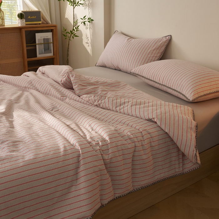 91家纺网 家纺一手货源 找家纺 暖阳 2026新款无印风色织全棉贝壳绣棉花夏被夏凉被空调被 贝壳初晴红