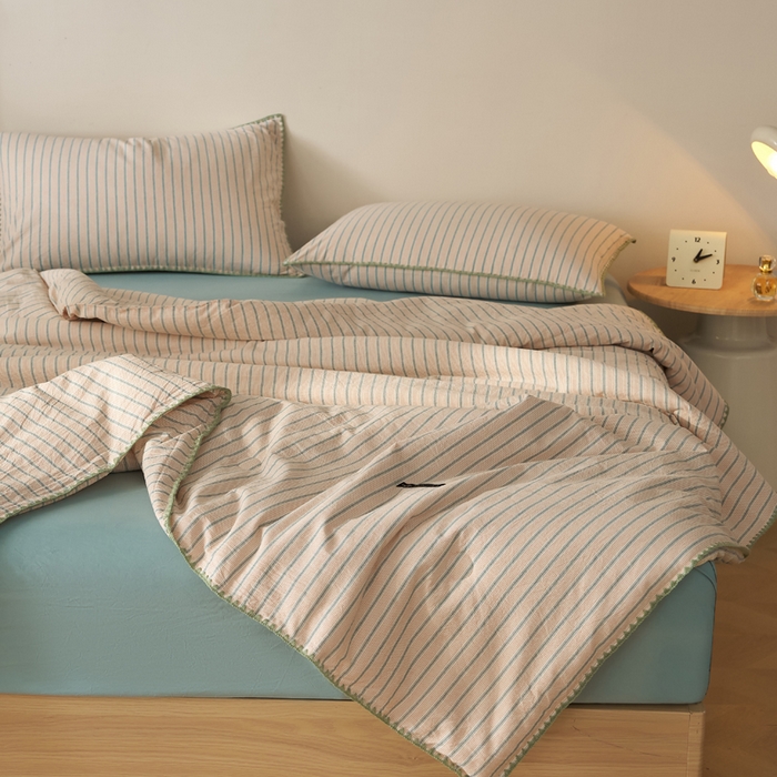 91家纺网 家纺一手货源 找家纺 暖阳 2026新款无印风色织全棉贝壳绣棉花夏被夏凉被空调被 贝壳春染绿