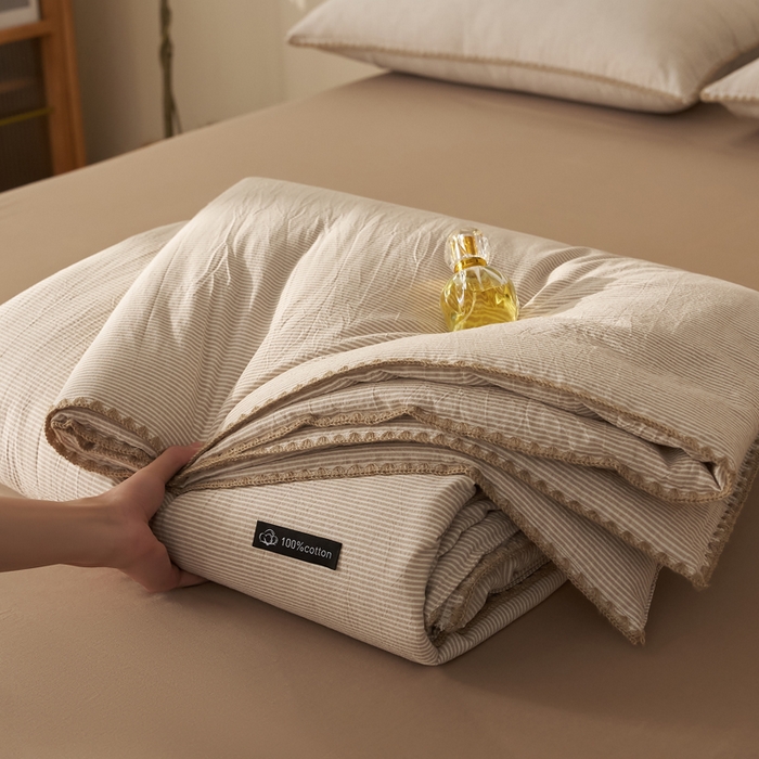 91家纺网 家纺一手货源 找家纺 暖阳 2026新款无印风色织全棉贝壳绣棉花夏被夏凉被空调被 贝壳可可咖