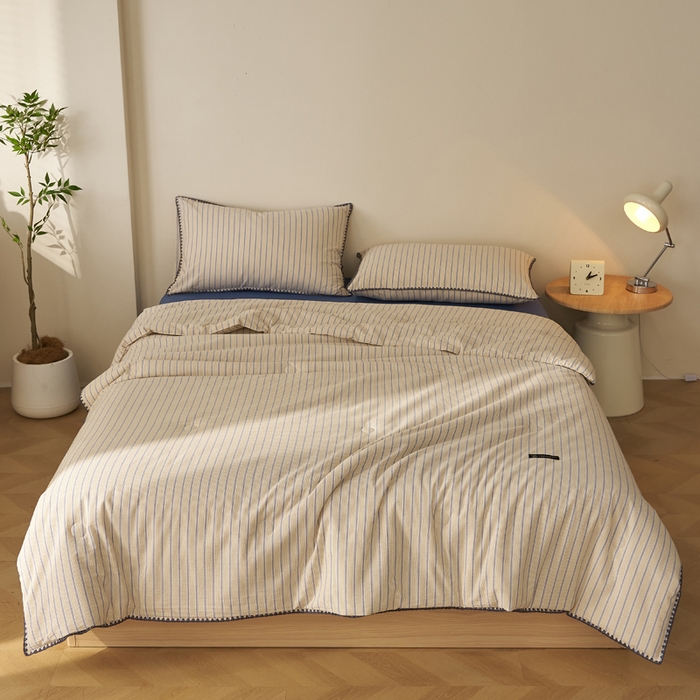 91家纺网 家纺一手货源 找家纺 暖阳 2026新款无印风色织全棉贝壳绣棉花夏被夏凉被空调被 贝壳铃蓝