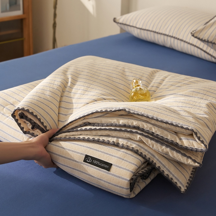 91家纺网 家纺一手货源 找家纺 暖阳 2026新款无印风色织全棉贝壳绣棉花夏被夏凉被空调被 贝壳铃蓝