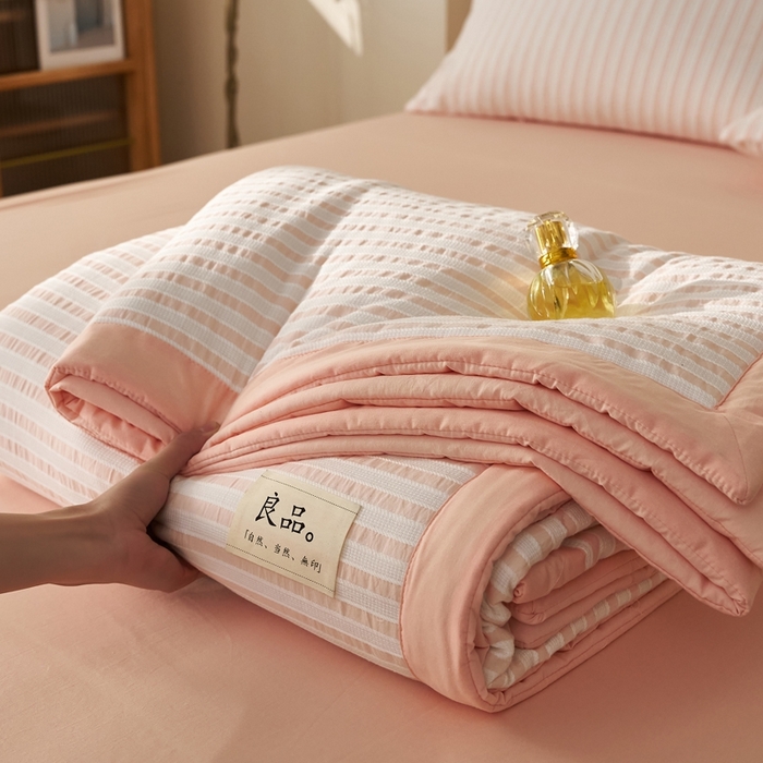 91家纺网 家纺一手货源 找家纺 暖阳 2026新款全棉色织提花良品系列棉花夏被夏凉被空调被 良品-条纹粉