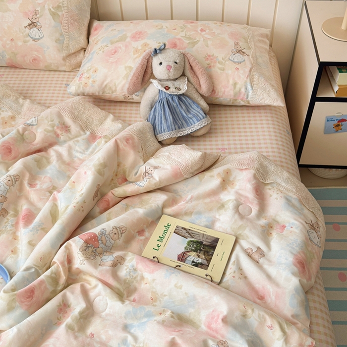 91家纺网 家纺一手货源 找家纺 暖阳 2026新款全棉花边款棉花夏被夏凉被空调被 花边小兔