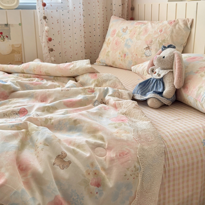 91家纺网 家纺一手货源 找家纺 暖阳 2026新款全棉花边款棉花夏被夏凉被空调被 花边小兔