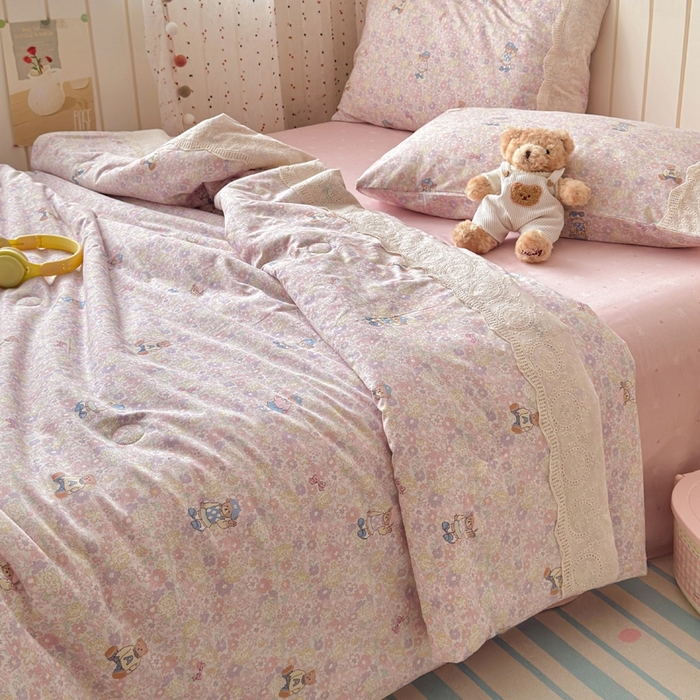 91家纺网 家纺一手货源 找家纺 暖阳 2026新款全棉花边款棉花夏被夏凉被空调被 花边小熊