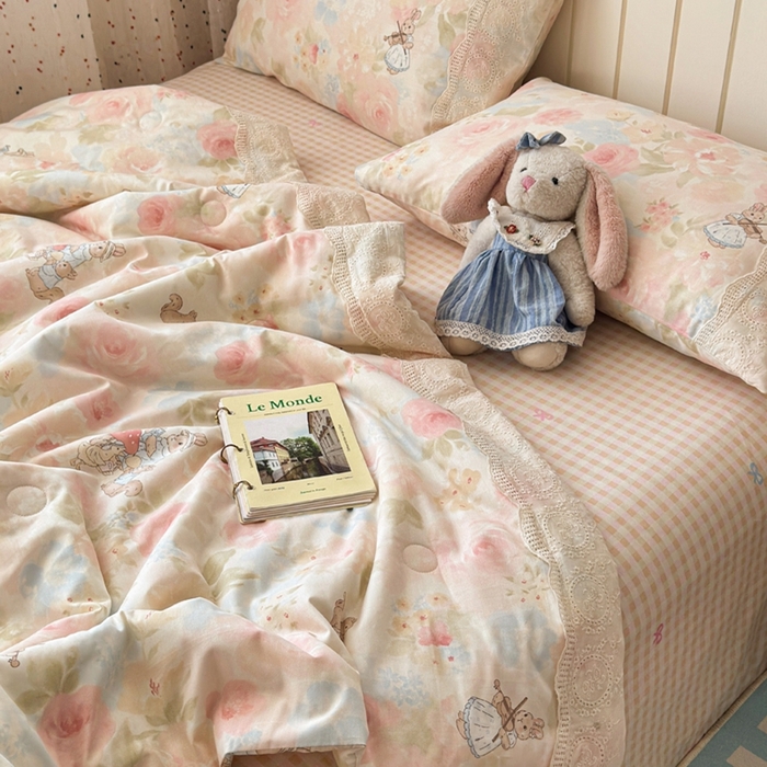 91家纺网 家纺一手货源 找家纺 暖阳 2026新款全棉花边款棉花夏被夏凉被空调被 花边小兔