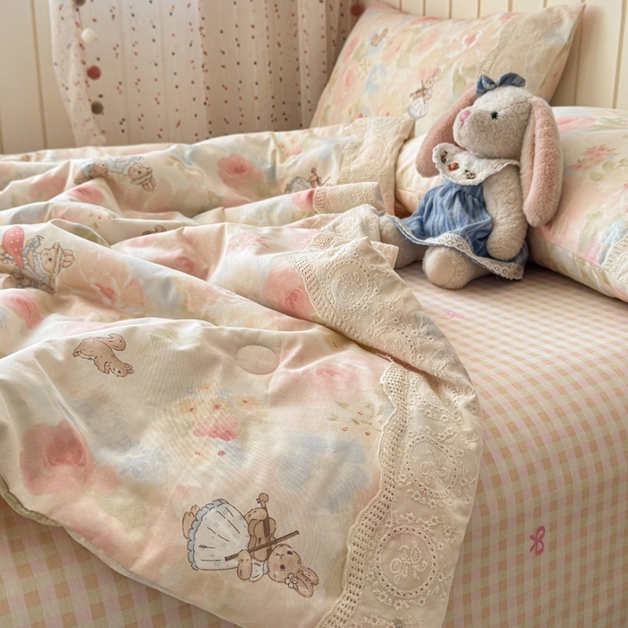 91家纺网 家纺一手货源 找家纺 暖阳 2026新款全棉花边款棉花夏被夏凉被空调被 花边小兔