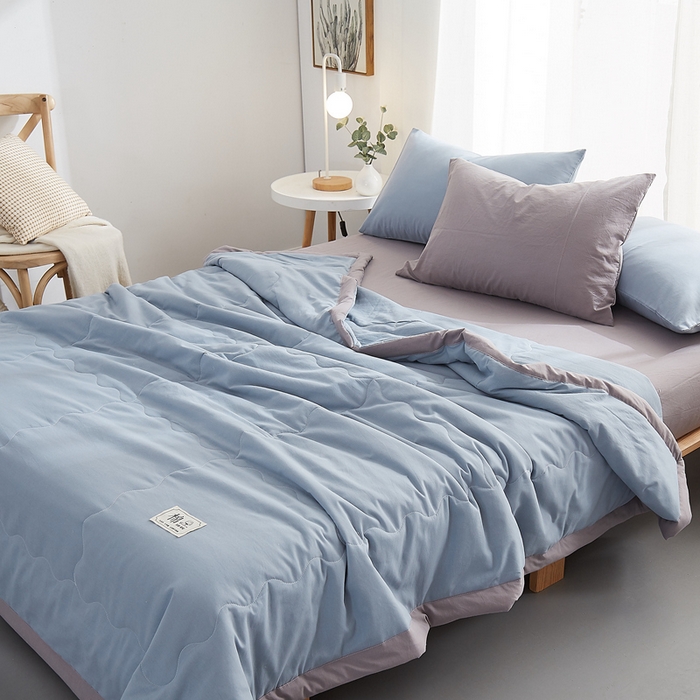 91家纺网 家纺一手货源 找家纺 暖阳 2026新款全棉纯色+拼色棉花夏被夏凉被空调被 蓝灰