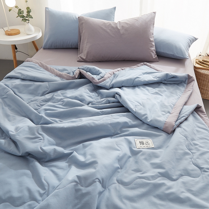 91家纺网 家纺一手货源 找家纺 暖阳 2026新款全棉纯色+拼色棉花夏被夏凉被空调被 蓝灰