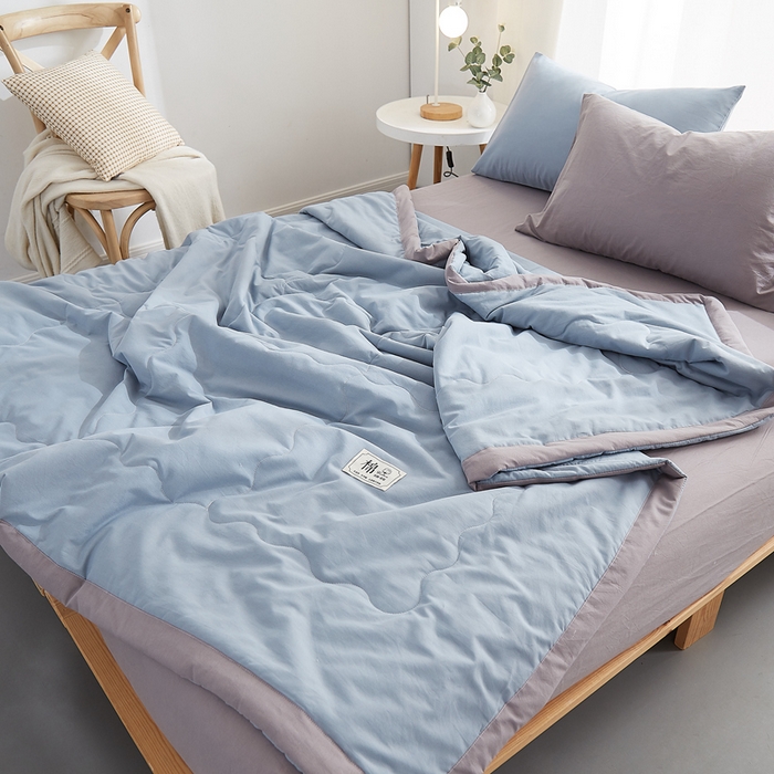 91家纺网 家纺一手货源 找家纺 暖阳 2026新款全棉纯色+拼色棉花夏被夏凉被空调被 蓝灰