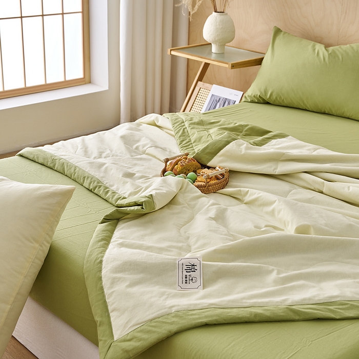 91家纺网 家纺一手货源 找家纺 暖阳 2026新款全棉纯色+拼色棉花夏被夏凉被空调被 米黄拼草绿