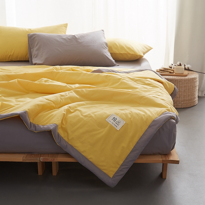 91家纺网 家纺一手货源 找家纺 暖阳 2026新款全棉纯色+拼色棉花夏被夏凉被空调被 柠檬黄