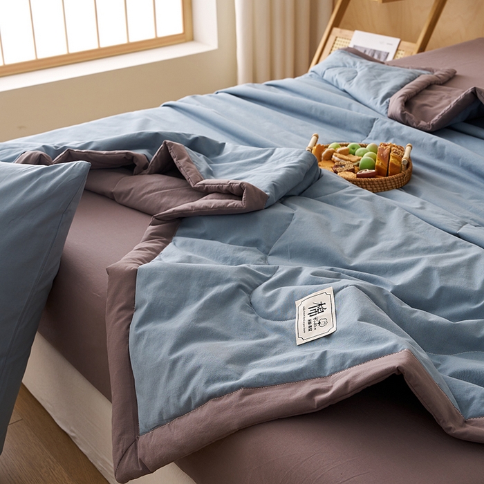 91家纺网 家纺一手货源 找家纺 暖阳 2026新款全棉纯色+拼色棉花夏被夏凉被空调被 蓝拼灰