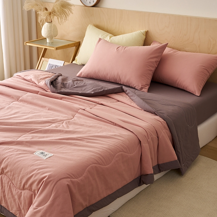 91家纺网 家纺一手货源 找家纺 暖阳 2026新款全棉纯色+拼色棉花夏被夏凉被空调被 藕粉拼灰