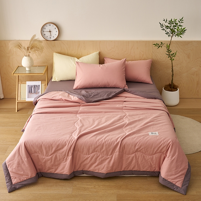 91家纺网 家纺一手货源 找家纺 暖阳 2026新款全棉纯色+拼色棉花夏被夏凉被空调被 藕粉拼灰