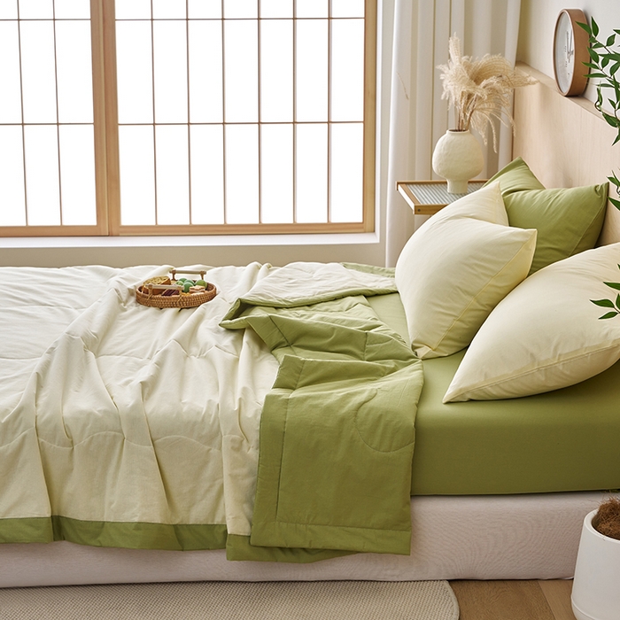 91家纺网 家纺一手货源 找家纺 暖阳 2026新款全棉纯色+拼色棉花夏被夏凉被空调被 米黄拼草绿