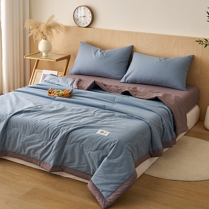 91家纺网 家纺一手货源 找家纺 暖阳 2026新款全棉纯色+拼色棉花夏被夏凉被空调被 蓝拼灰